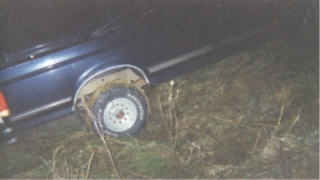 1990 Ford F-150 - A dark blue pickup truck is partially submerged in tall grass and appears to be stuck.