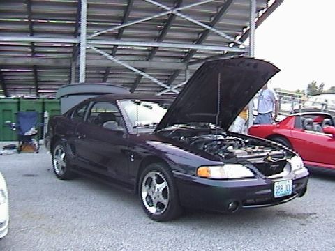 1998 Ford Taurus - A dark purple Ford Mustang is parked with its hood open, revealing the engine bay.