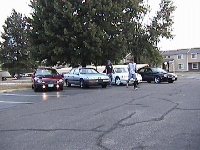 Four sedans parked in a lot in front of evergreen trees, two people walking
