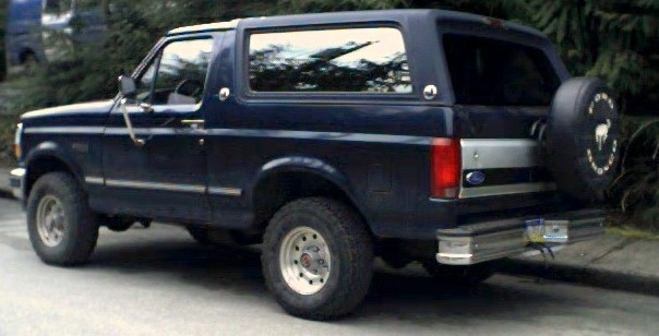 Dark blue Ford Bronco SUV, rear three-quarter view, with covered spare tire on tailgate, parked by hedges