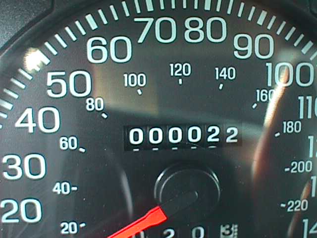 Speedometer close-up with odometer reading 000022 miles
