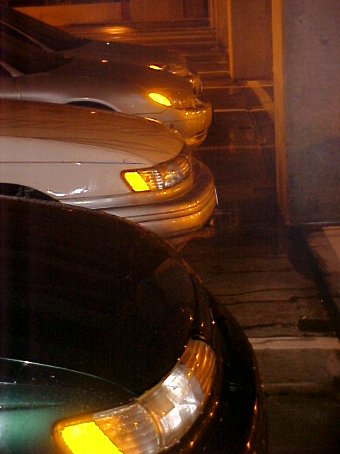 2001 Ford Taurus - The front ends of three cars are visible, parked closely together under artificial lighting.