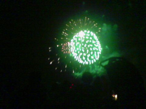 1990 Ford Bronco - A nighttime scene captures the bright burst of green fireworks against a dark background.