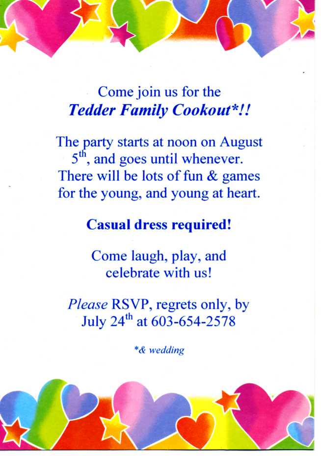 Invitation to Tedder Family Cookout on August 5th. Casual dress. RSVP by July 24th