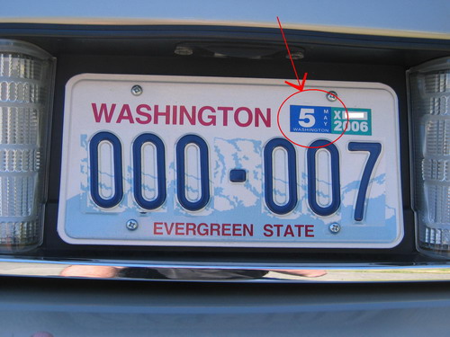 Washington license plate 000-007 with May 2006 expiration sticker