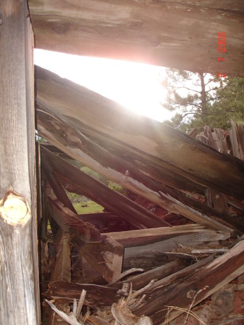 1984 Ford Bronco - Sunlight streams through the wreckage of an old wooden building.
