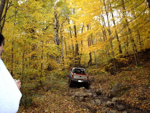 1990 Ford Ranger - Ford Ranger navigates a challenging off-road path through autumn foliage.