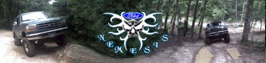 Two lifted Ford Broncos driving on a muddy path in a wooded area. A tribal graphic with 'Ford' logo is in the center