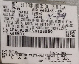 1997 Ford Taurus - This vehicle identification label shows the manufacturing date as September 1996.