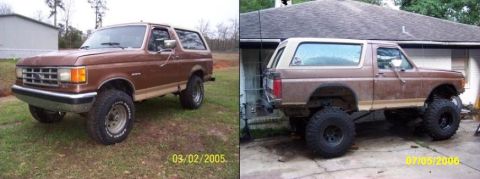 1987 Ford Bronco - Side-by-side comparison of a brown two-door Ford Bronco SUV; the left image (dated 03/02/2005) shows it clean on grass with a 3/4 front vie…