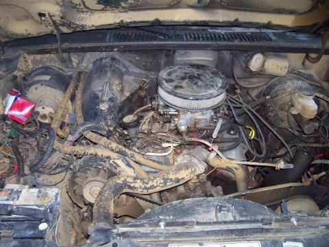 1986 Ford Bronco II - The engine bay is covered in dirt and grime, obscuring many details.