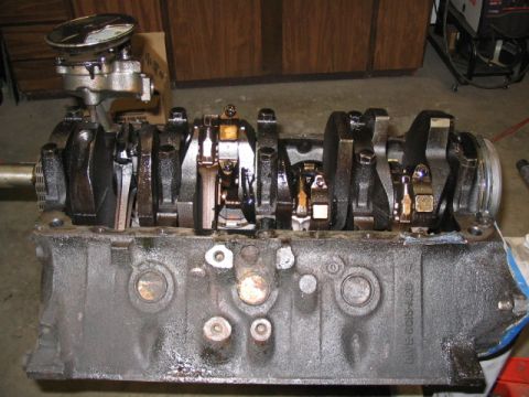 1979 Ford F-150 - Engine block with crankshaft and oil pump assembly. No year is discernible from the image.