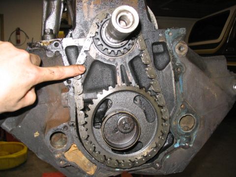 1979 Ford F-150 - Close-up of an engine's timing chain and gears, with a hand pointing to the chain mechanism.