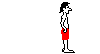 1968 Ford Mustang - A simple cartoon illustration of a man standing in red shorts, viewed from the side against a white background.