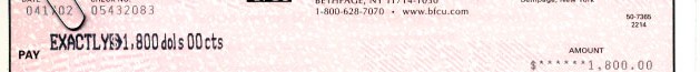 Partial view of a check for $1,800.00 from Bethpage Federal Credit Union, New York