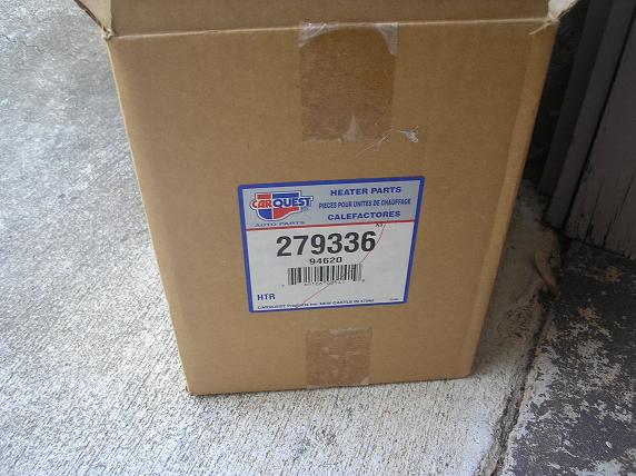 Cardboard box with a Carquest label for heater parts, part number 279336