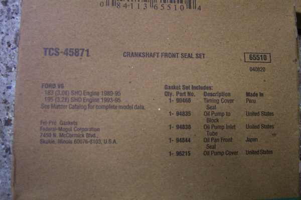 Cardboard box for Fel-Pro TCS-45871 crankshaft front seal set, listing Ford V6 SHO engine compatibility 1989-95 and 1993-95