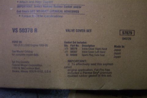 1995 Ford Taurus - Box for a Fel-Pro valve cover set, part number VS 50378 R, for Ford V6 SHO engines from 1989-95.