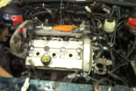 1995 Ford Taurus - Close-up view of a vehicle's engine bay, showing the valve cover and various hoses and wiring.