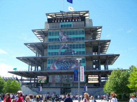 1995 Ford Probe - The grandstands at the Indianapolis Motor Speedway are shown on a clear day.