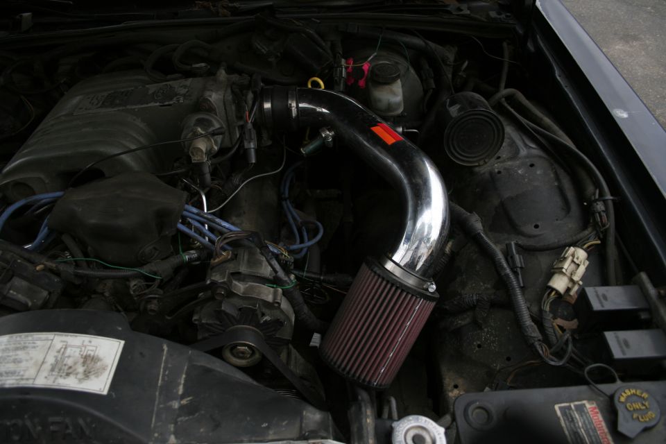 Ford V8 engine bay with polished cold-air intake tube and red cone filter, blue plug wires