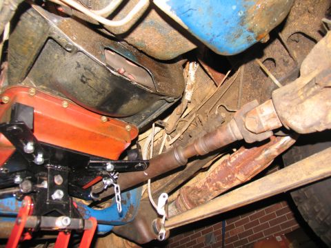 1978 Ford Bronco - Underside view of vehicle components, focusing on transmission removal support.