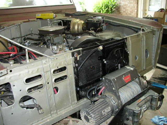 1995 Ford Bronco engine bay with winch and radiator