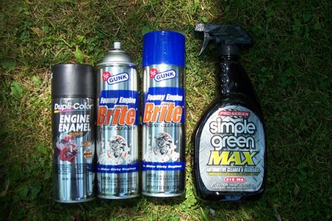 1995 Ford Taurus - Supplies for cleaning and detailing an engine are laid out on the grass.