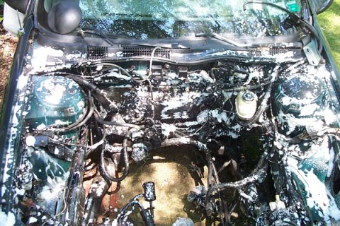 1995 Ford Taurus - The engine bay of a green car is covered in foam, obscuring many of its components.