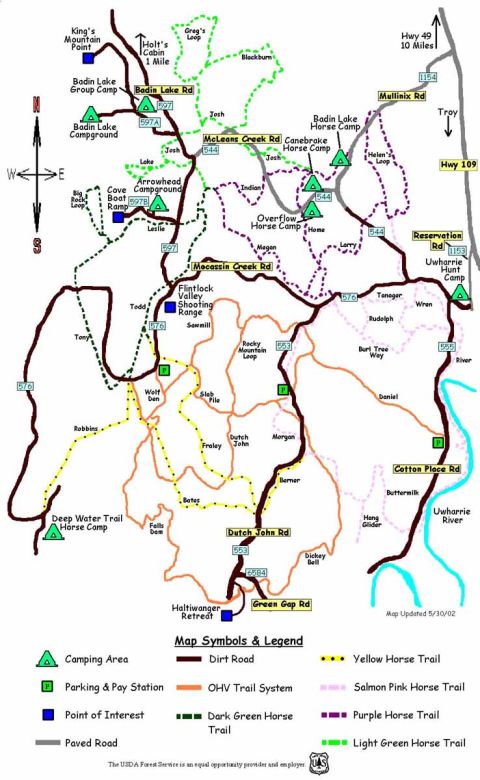 1979 Ford Bronco - This map details the trail systems and points of interest within the Uwharrie National Forest, including roads and camping locations.