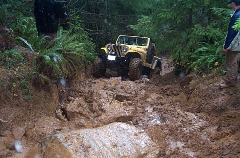 1982 Ford Customline - Archers firebreak? aproaching a big rock covered in slime. pouring rain wearing my Mud Freak tee shirt.