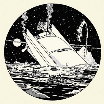1972 Ford Ranchero - A surreal cartoon depicts a futuristic vehicle submerged in water, surrounded by rafts and a distant moon, with a celebratory firework in t…