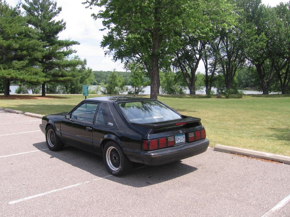 Black Fox-body Mustang hatchback parked rear three-quarter in a lakeside lot ringed by tall pines