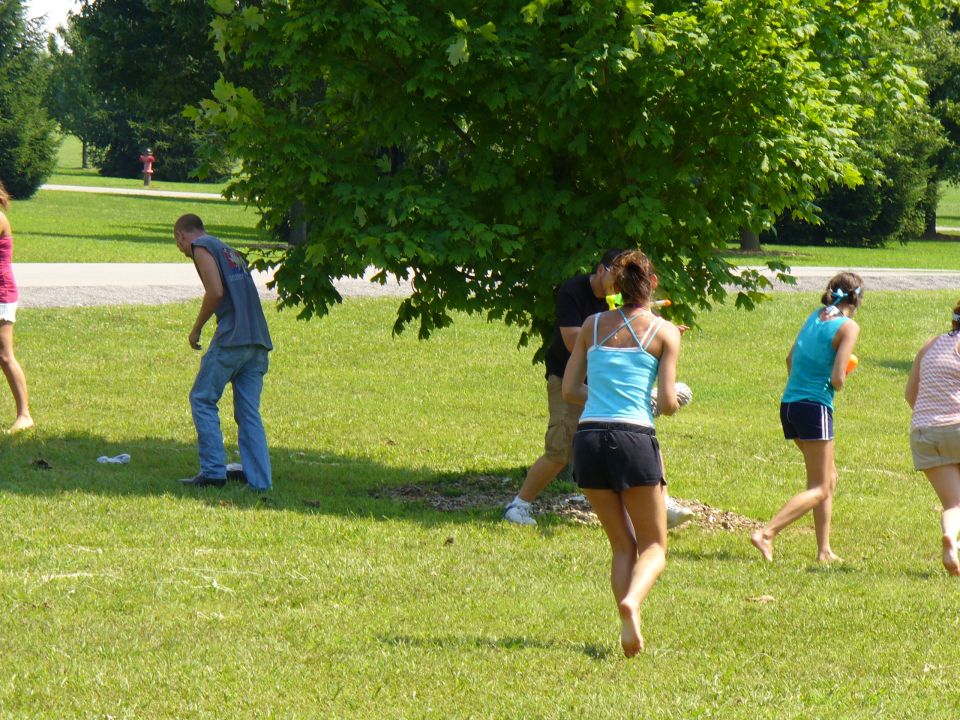 People playing in a grassy park with trees