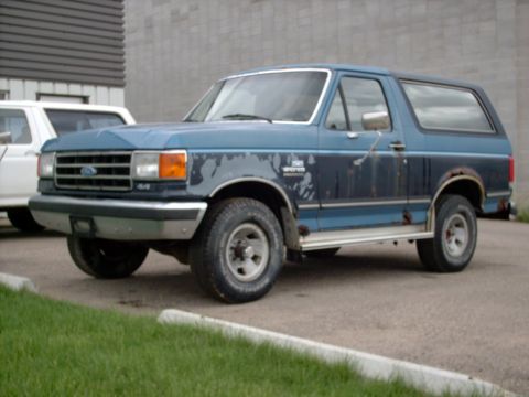 1990 Ford Bronco - This 1990 Ford Bronco shows significant wear, including faded paint and rust spots, with another vehicle visible in the background.