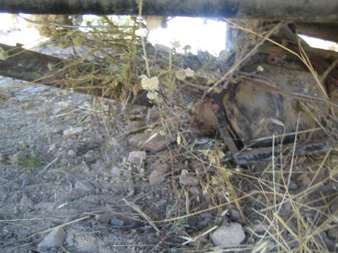 1990 Ford Bronco - Looking underneath a vehicle past the frame rail toward the differential, with weeds and rocks lit by bright daylight.