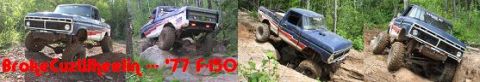 1977 Ford F-150 - These trucks are navigating a challenging off-road course with steep inclines and rocky terrain.