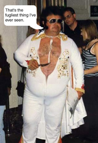 1977 Ford Mustang II - A man dressed as Elvis Presley is the subject of this photo, which includes text from a speech bubble and a website watermark.