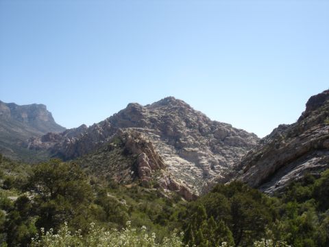 1996 Ford Bronco - Mountain landscape with rocky peaks and vegetation under a clear sky.