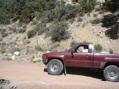 1996 Ford Bronco - Maroon pickup truck on a dirt road, driver visible through the window.