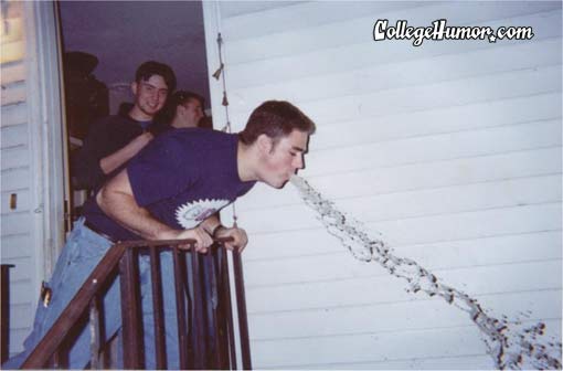 Person leaning over a porch railing being sick, with CollegeHumor watermark