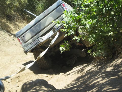 1990 Ford Bronco - Rear of a light-colored pickup with a whip antenna tilted into roadside brush on a dirt trail, a recovery strap attached.