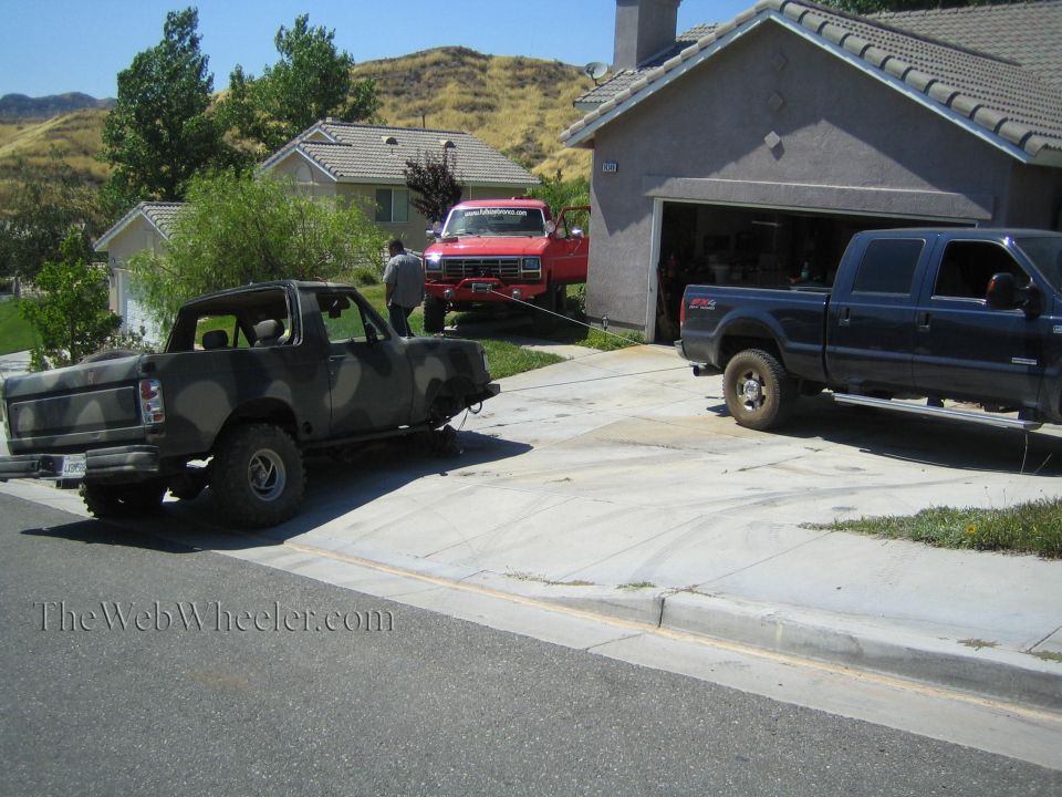 Camo truck, red Ford, and blue Ford crew cab parked across a driveway