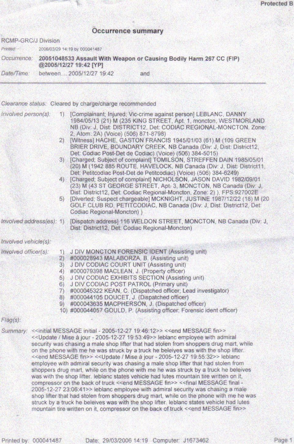 Police occurrence summary document detailing an incident