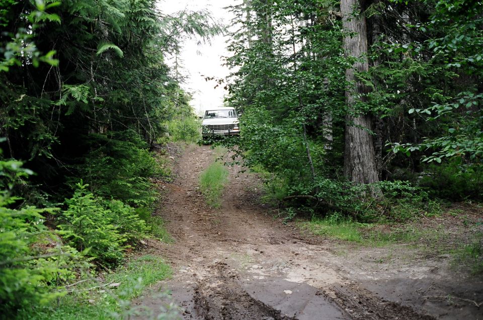 1979 Ford Bronco driving up a muddy, rutted forest road surrounded by trees