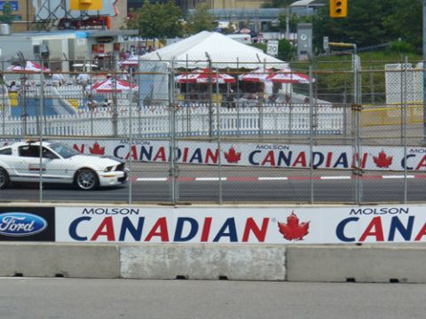 1995 Ford Taurus - White Ford Mustang seen on a race track with Molson Canadian advertising.