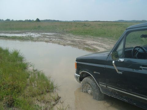 1988 Ford Bronco - This dark SUV is partially submerged in a muddy waterhole with a grassy field stretching to the horizon.