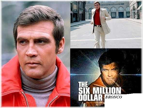 Lee Majors in a red jacket, Lee Majors running in a tan suit, and a movie poster for The Six Million Dollar Bronco