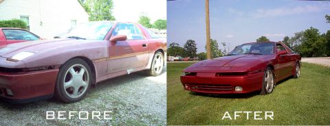 1994 Ford Probe - This image shows a side-by-side comparison of a car undergoing restoration, highlighting the transformation from its initial state to a fin…