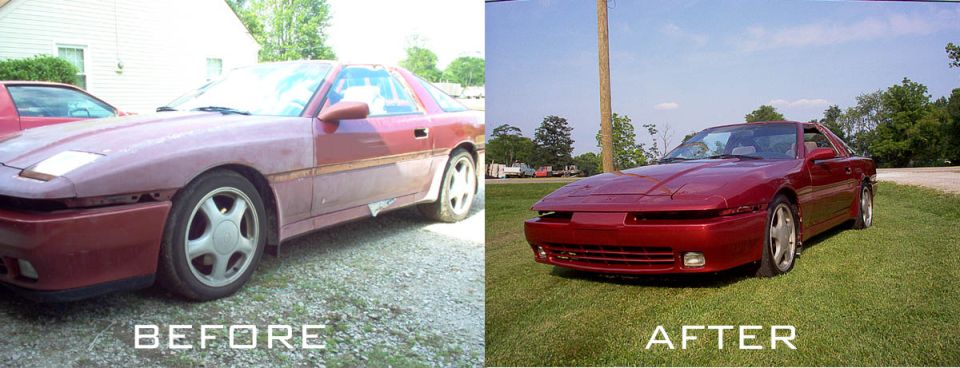 Red Toyota Supra before and after restoration. Left side shows primer and missing parts, right side is painted and complete